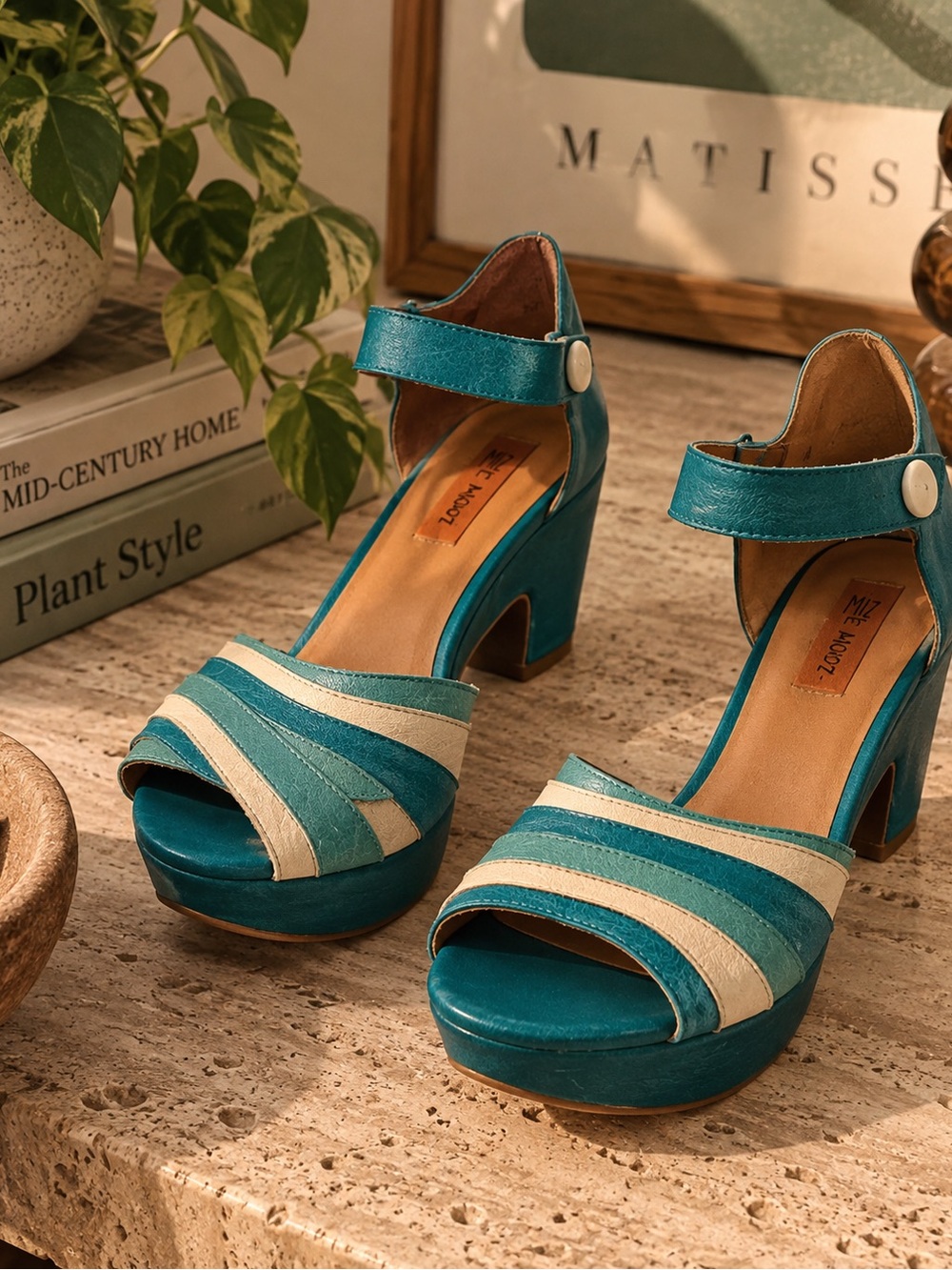 Miz Mooz Teal and Cream Platform Sandals